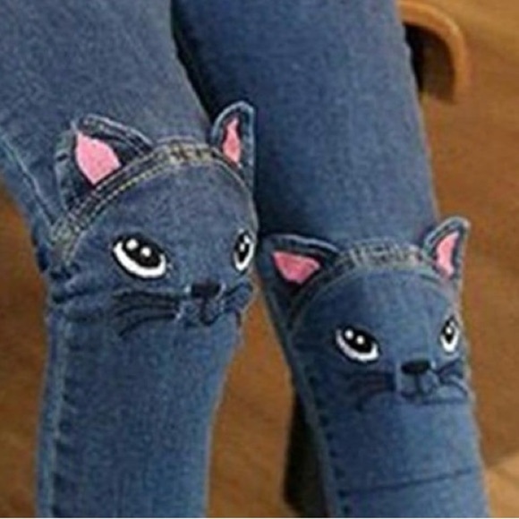 Y.W.B.Y. Other - YWBY  Girls Stretch Blue Jeans with Cat Embroidery Accents Pull-on High Rise